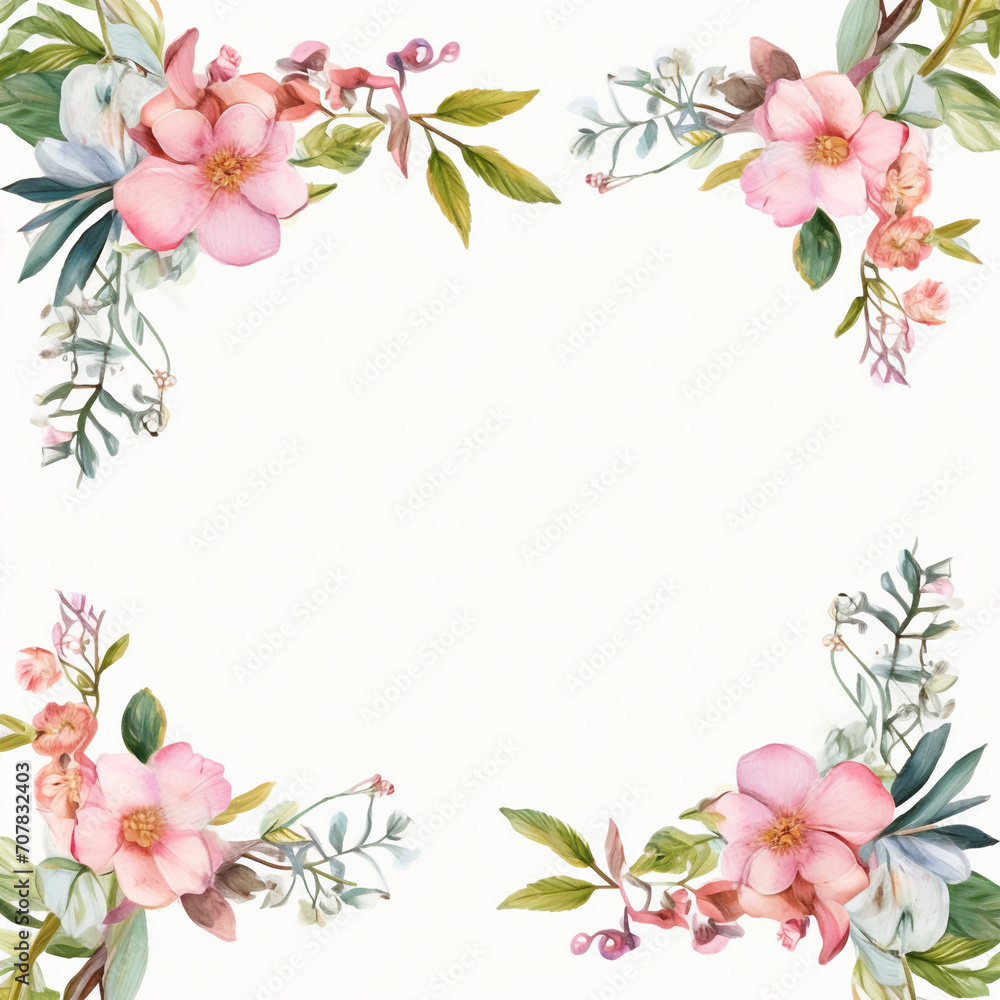 Spring flowers arrangement. Floral frame with copy space. Wedding invitation template. Pastel color, isolated watercolor illustrator.	