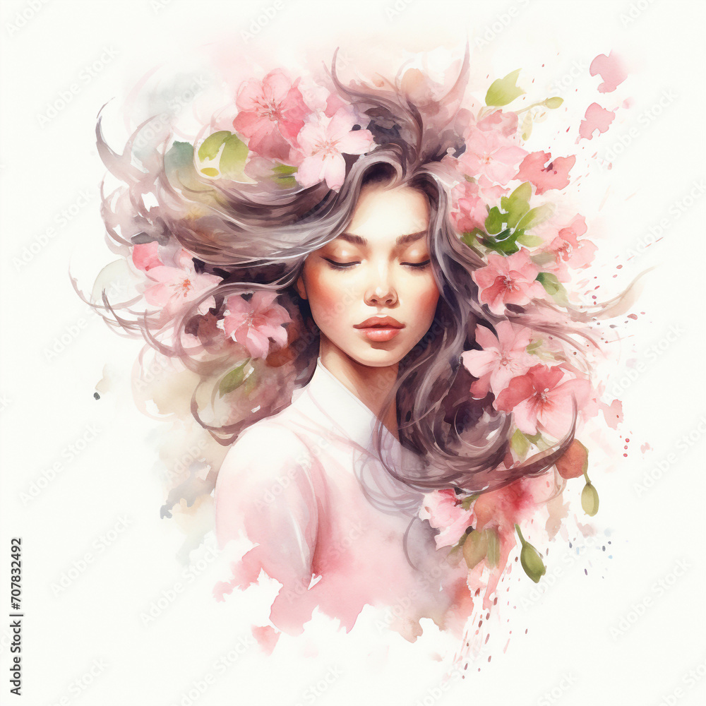Woman portrait with spring flowers in the hair. Spring concept, retro vintage look. Watercolor illustration