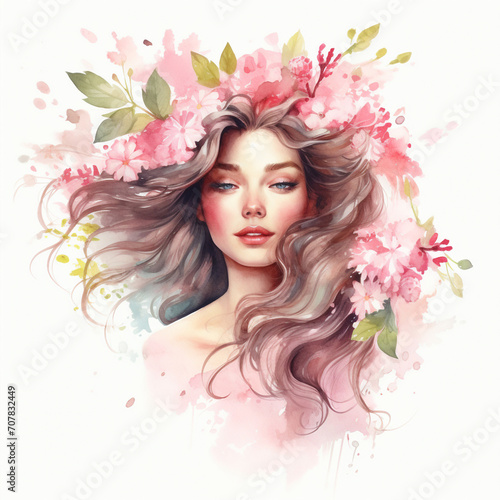 Woman portrait with spring flowers in the hair. Spring concept, retro vintage look. Watercolor illustration