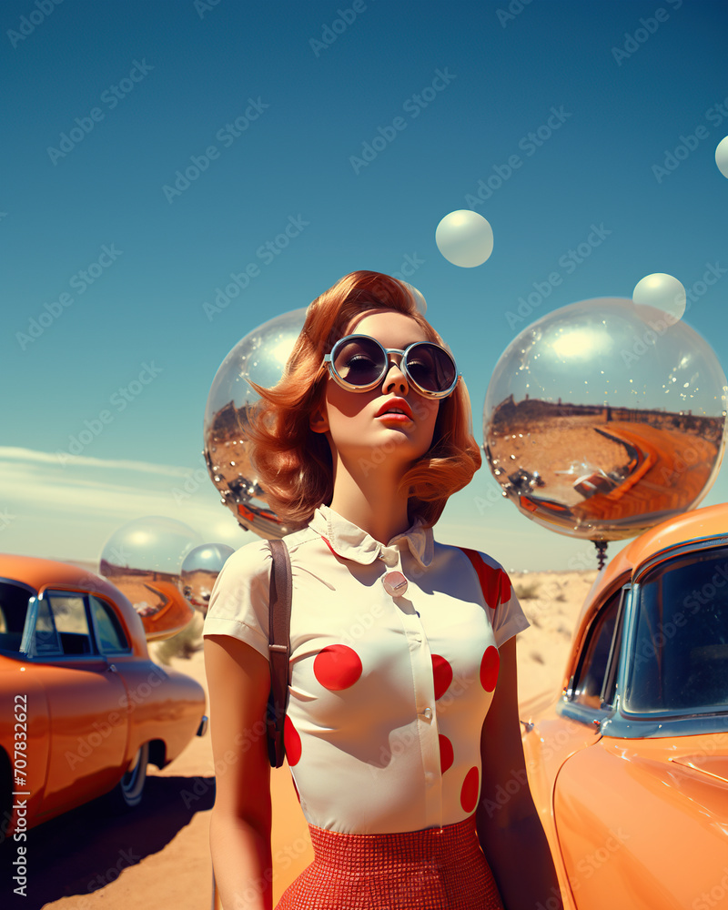 Fashionable portrait of a woman in 60s retro futurism style