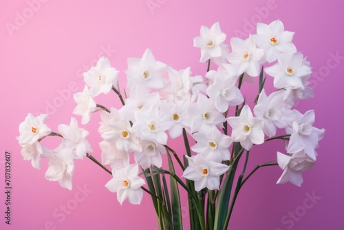 Bouquet of white narcissus on a magenta colored backdrop isolated pastel background 