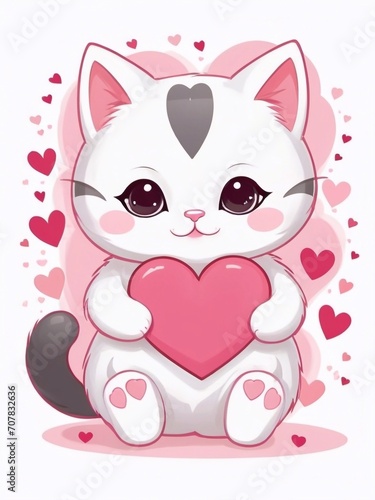 Cute Happy Valentines Day holiday art  greeting card design with a kawaii cartoon cat in love with heart  hearts backgroung. Cute valentine cat in love with valentines hearts design