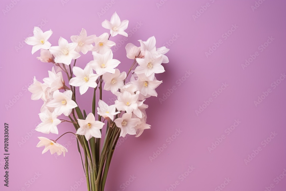 Bouquet of white narcissus on a mauve colored backdrop isolated pastel background 