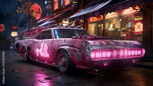 Retro Style Pink Vehicle Parked by Neon Light   © zahidcreat0r
