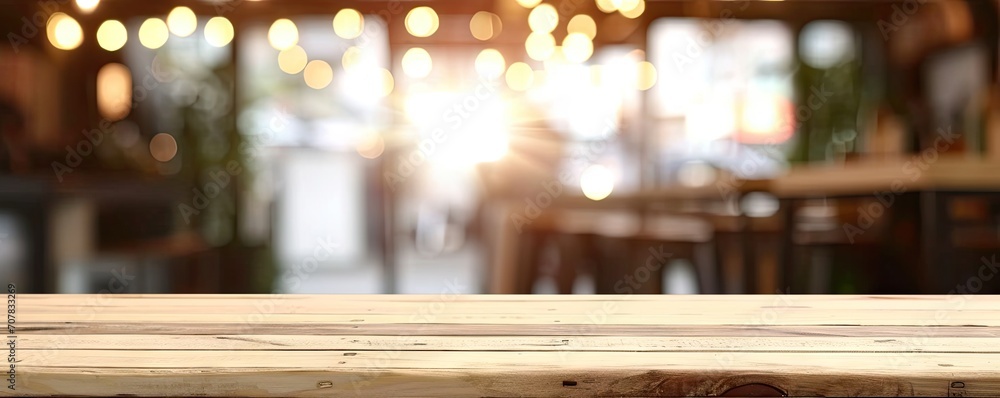 Rustic elegance. Abstract composition featuring wooden table and counter blurred background with bokeh lights perfect for showcasing products or creating warm vintage atmosphere in restaurant or cafe