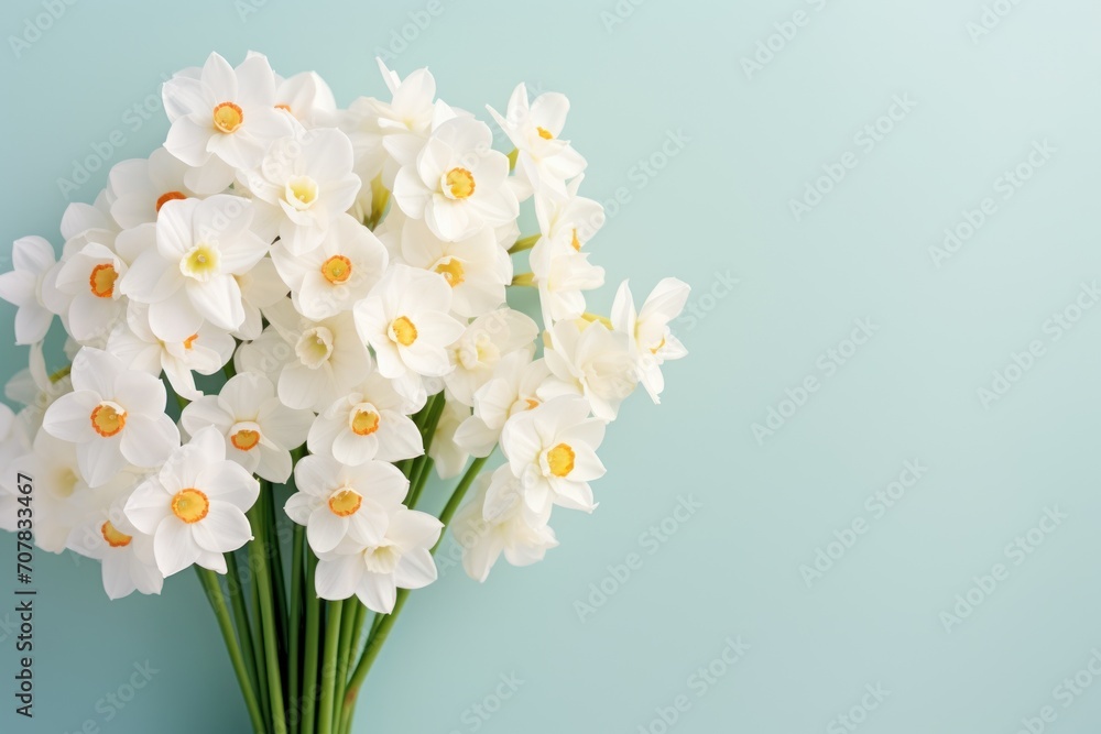Bouquet of white narcissus on a pearl colored backdrop isolated pastel background 