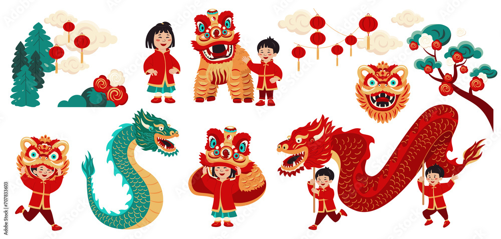 Flat Chinese new year elements set Flat Chinese new year elements set