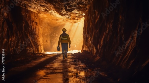 Middle aged male worker walking away from the camera down a long mine shaft with diminishing perspective. photo