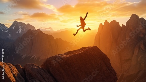 Man jumping over precipice between two rocky mountains at sunset. Freedom, risk, challenge, success. photo
