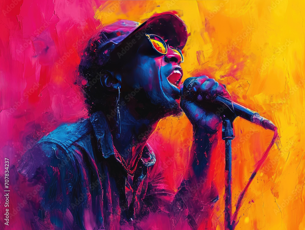 Ilustración colorida acuarela oscura de cantante urbano afroamericano, rap, hip hop