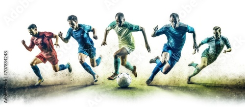 Soccer players run a game and kick soccer ball. European football competition match between players in green and blue uniforms. Professional league match.