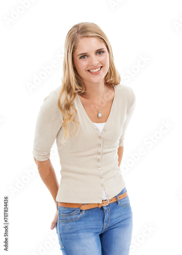 Woman, portrait or happy and fashion in studio with calm expression, positivity and smile. Model, person and confidence or pride with casual outfit, trendy clothes or mockup space on white background