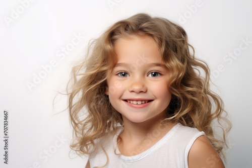 Portrait of a cute little girl with long blond hair on white background