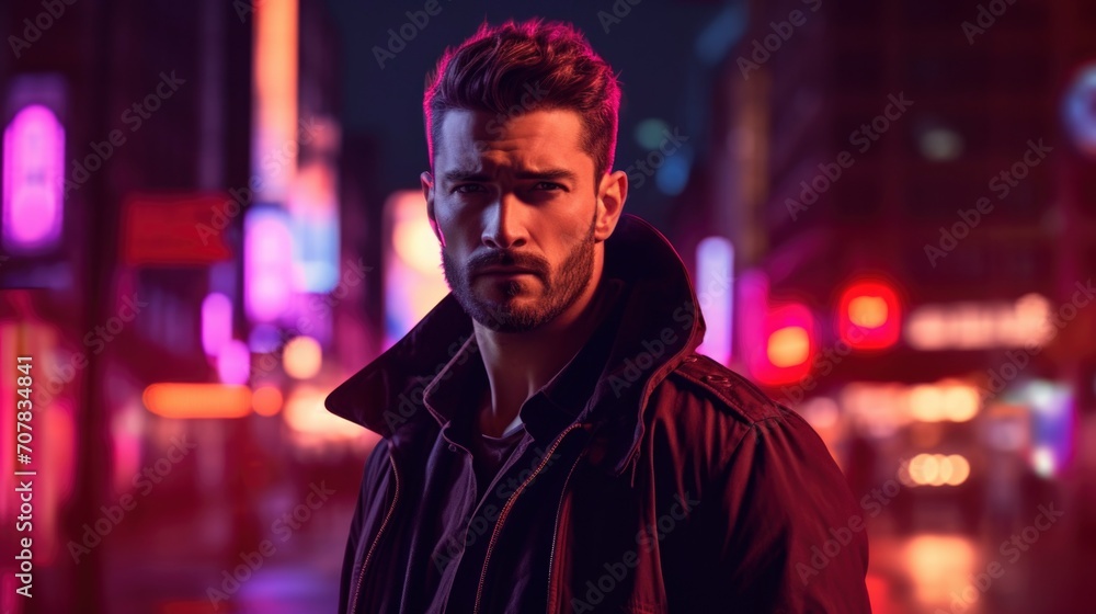 Close up photo of man in the city at night with blue and violet neon lighting Close up photo of man in the city at night with blue and violet neon lighting