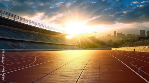 Sunlit markings of a racetrack in a stadium Sunlit Athletic Running Track in Stadium.