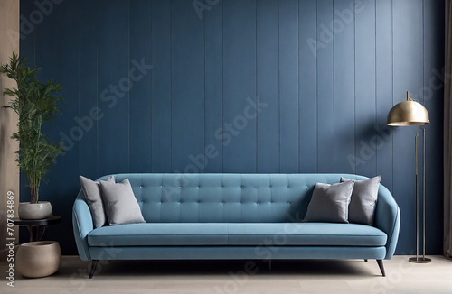 Blue sofa against paneling, wall. Minimalist loft home interior design of modern living room. digital AI.