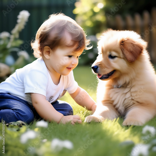 Child and puppy