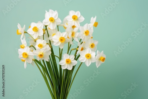 Bouquet of white narcissus on an ebony colored backdrop isolated pastel background © Lenhard
