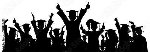 Happy crowd of graduates children in square academic caps. Cheerful people silhouette. Graduation ceremony. Vector illustration.