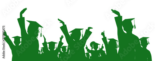 Happy crowd of graduates children in square academic caps. Cheerful people silhouette. Graduation ceremony. Vector  illustration.