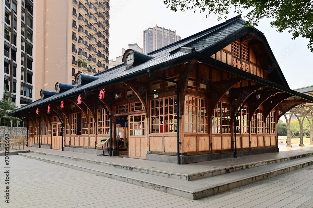 Taipei, Taiwan - Jan 12, 2024: New Beitou Station, a century-old railway station with a wooden structure, stands as an enduring symbol of historical elegance and architectural heritage.