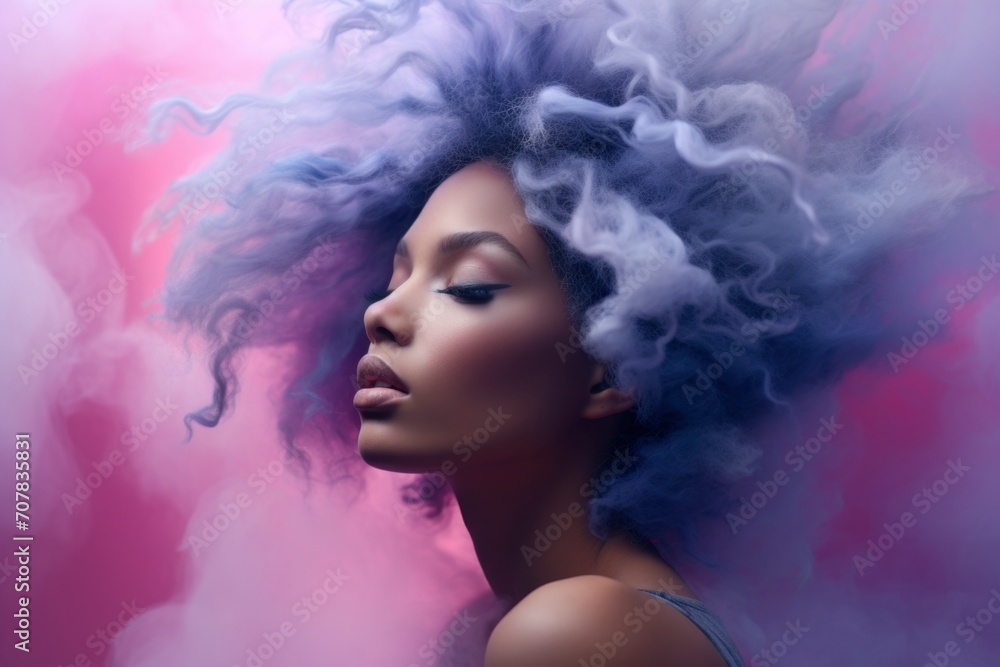 Purple curly haired African American girl covered with purple smoke bombs, art photography