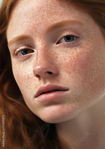 Close up photo of a brunette woman with freckles on her face © Instacraft.Studio