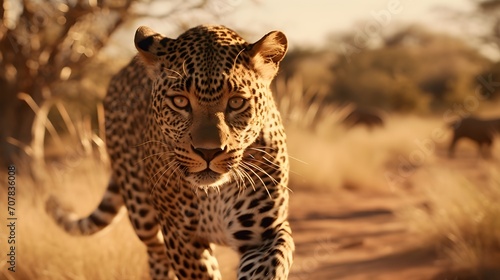 A leopard runs in the savannah.