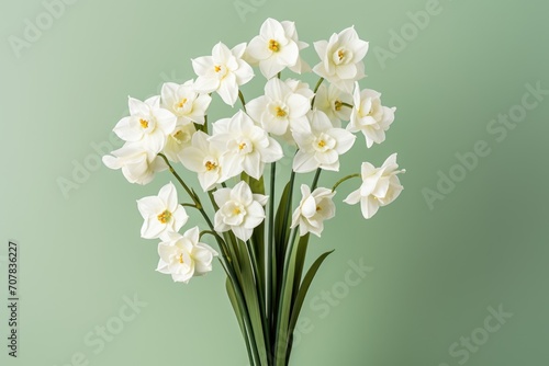 Bouquet of white narcissus on an orange colored backdrop isolated pastel background © Lenhard