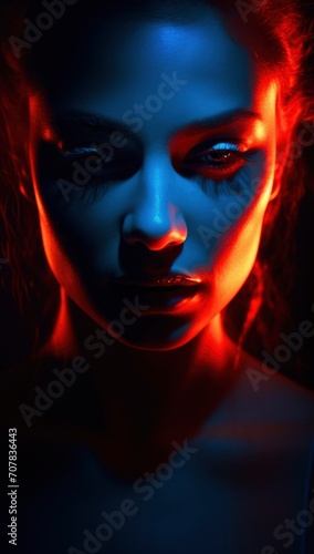Close up photo of a woman's face, focusing on the lips with blue and red lighting