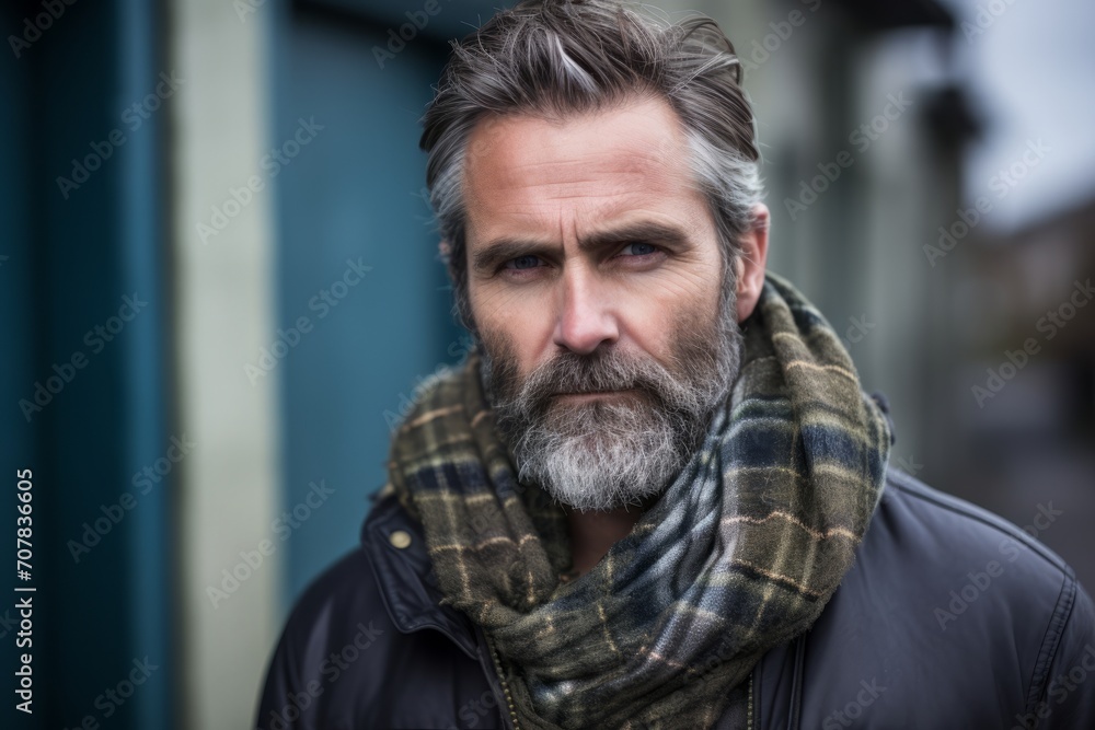 Portrait of a handsome senior man with gray beard and mustache, wearing a woolen scarf, looking at the camera. Portrait of a handsome senior man with gray beard and mustache, wearing a woolen scarf, looking at the camera.
