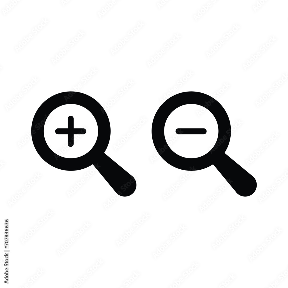 Zoom in and zoom out icons. Simple flat, solid style. Magnifying glass, find, plus, minus, search concept. Black silhouette, glyph symbol. Vector isolated on transparent background. SVG. Zoom in and zoom out icons. Simple flat, solid style. Magnifying glass, find, plus, minus, search concept. Black silhouette, glyph symbol. Vector isolated on transparent background. SVG.
