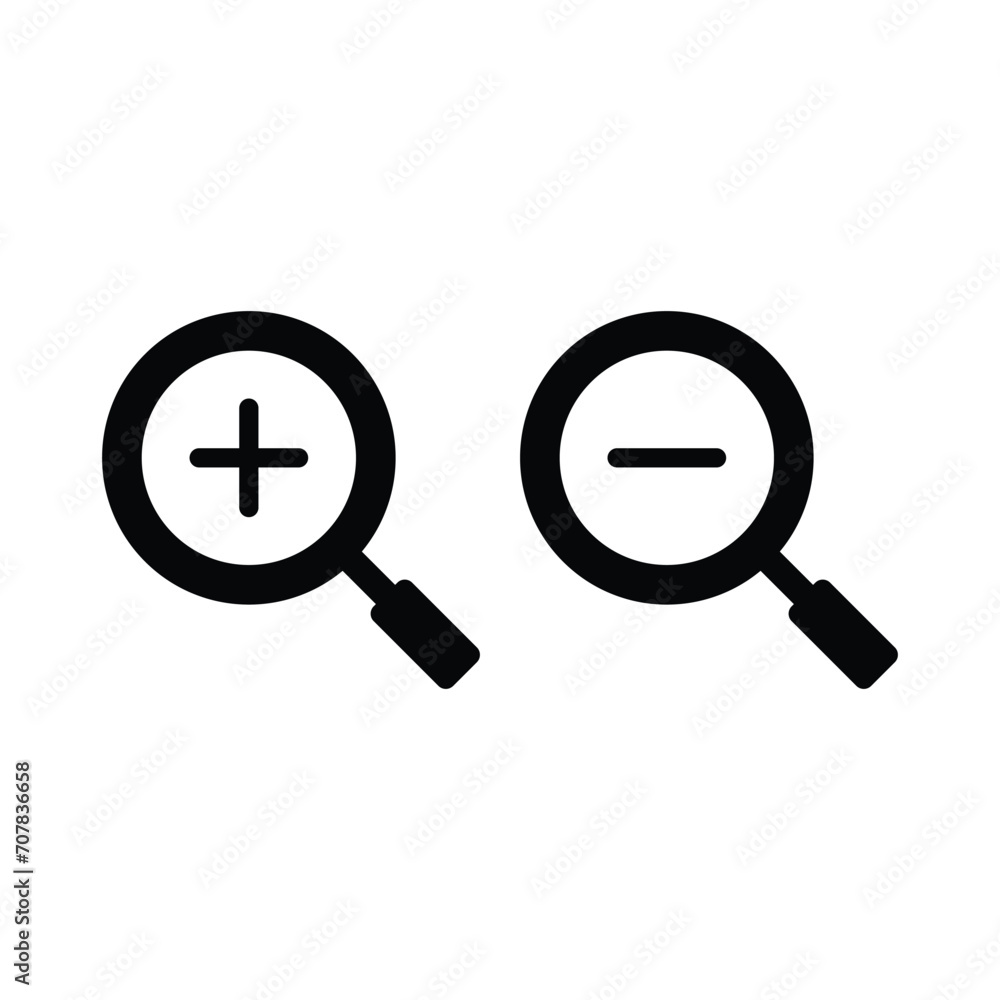 Zoom in and zoom out icons. Simple flat, solid style. Magnifying glass, find, plus, minus, search concept. Black silhouette, glyph symbol. Vector isolated on transparent background. SVG. Zoom in and zoom out icons. Simple flat, solid style. Magnifying glass, find, plus, minus, search concept. Black silhouette, glyph symbol. Vector isolated on transparent background. SVG.