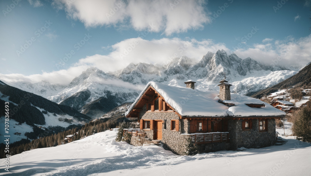 A magical alpine vacation with a charming cottage located in a snow-covered valley. generative AI