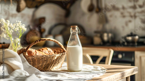 bottle of milk and Fresh homemade bread on a table in the kitchen with copy space.