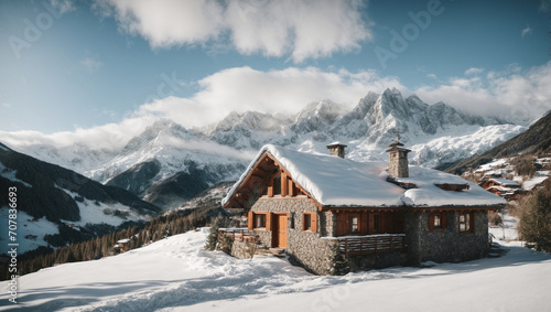 A magical alpine vacation with a charming cottage located in a snow-covered valley. generative AI © Oleksandr