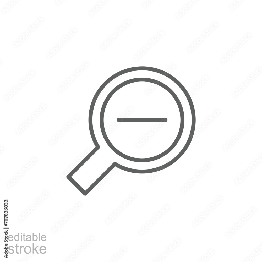 Zoom out icon. Simple outline style. Magnifying glass, find, minus, reduce, minimize, search concept. Thin line symbol. Vector isolated on transparent background. Editable stroke SVG.