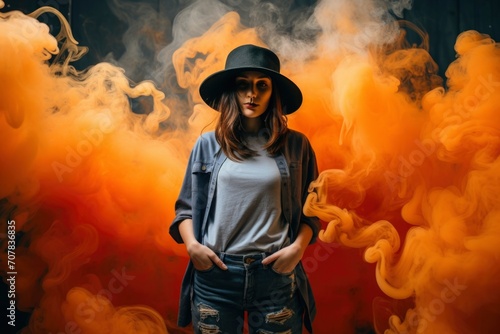 Brunette girl covered with an orange smoke bomb, photography art