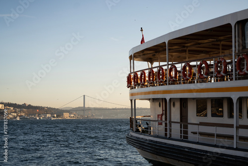 Close-Up of a Ferry on the Bosphorus with Bosphorus Bridge in the Distance