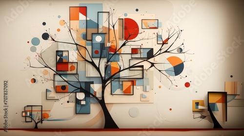 Abstract tree in Bauhaus, Neo Memphis, Dadaism, Cubism, Surrealism, Collage, Minimal style. Tree, decoration art background. Abstract geometric illustration background. Templates for designs.