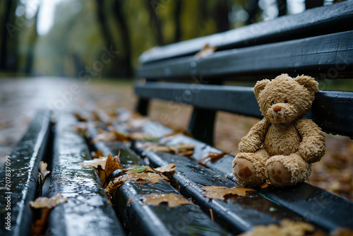 Lonely lost bear on a bench in a rainy park. Loneliness concept, International Missing Children's Day