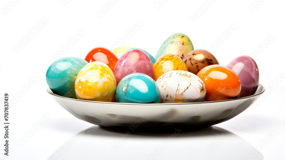 Beautiful painted easter eggs in a bowl isolated on white with copy space. Generative AI Beautiful painted easter eggs in a bowl isolated on white with copy space. Generative AI