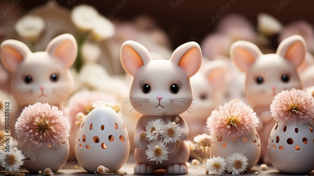 Cute bunny among Easter eggs