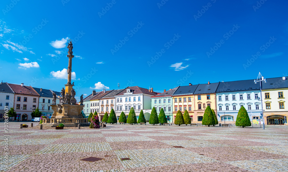 The Main Square and the Plague Column built in 1717-1720 in the Moravian Trebova (Moravska Trebova), Moravia, Czech Republic