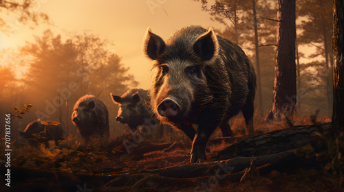 Group of boars running in the forest river with setting sun. photo