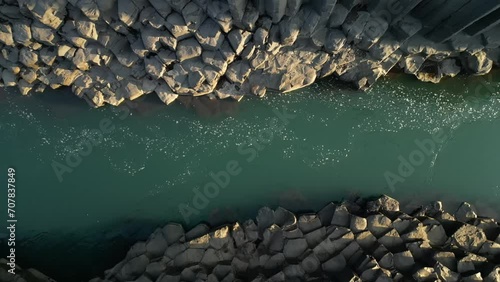 Aerial video of the dramatic basalt pillared Studlagil Canyon 