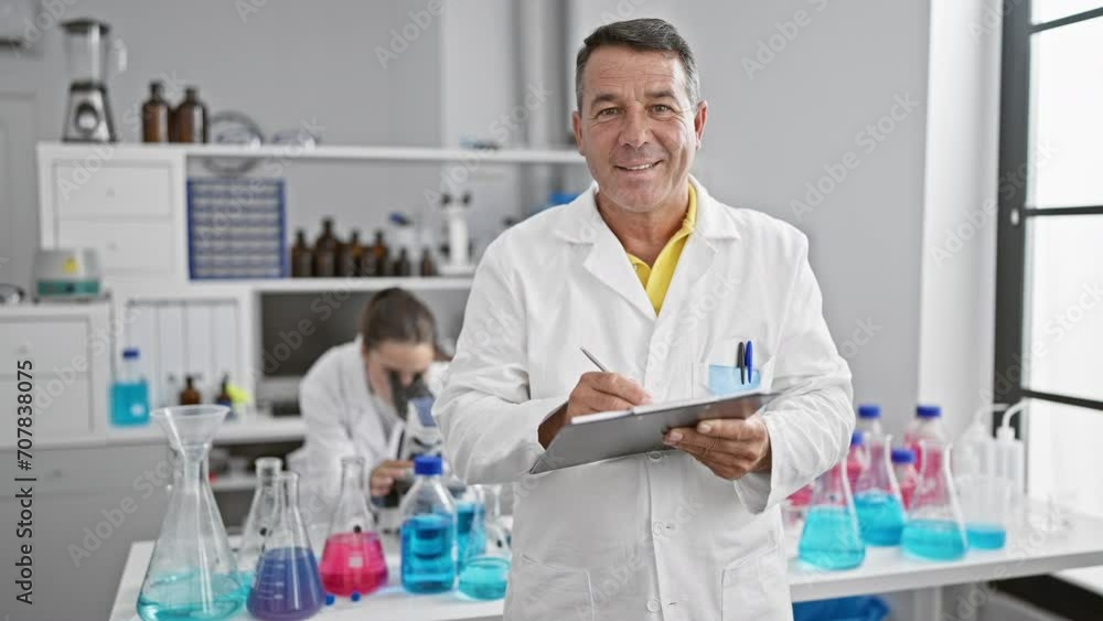 Together in science, man and woman scientists engrossed in medical research, writing on clipboard, using microscope at lab Together in science, man and woman scientists engrossed in medical research, writing on clipboard, using microscope at lab