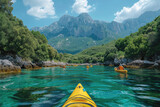 Excursión en Kayax en paisaje paradisíaco con agua cristalina y día soleado, turismo de aventura, turismo sostenible