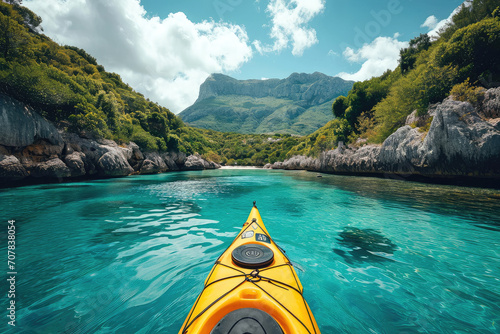 Excursión en Kayax en paisaje paradisíaco con agua cristalina y día soleado, turismo de aventura, turismo sostenible