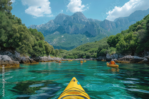 Excursión en Kayax en paisaje paradisíaco con agua cristalina y día soleado, turismo de aventura, turismo sostenible © Julio